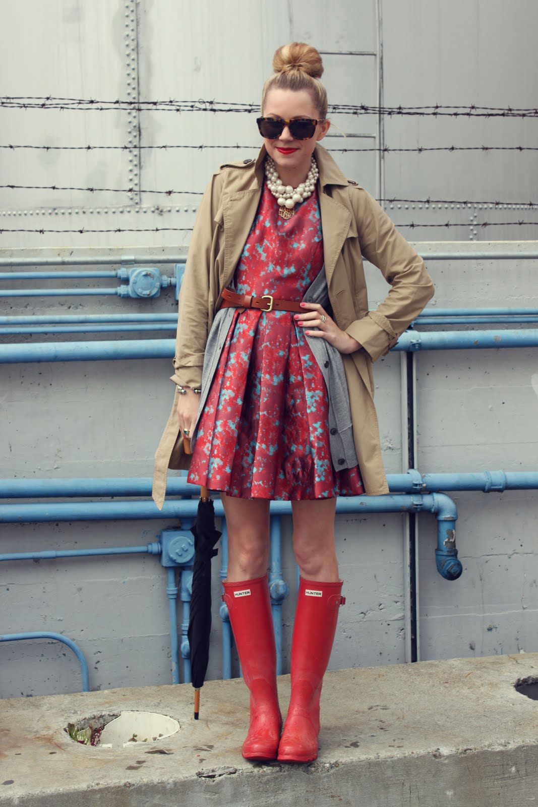 red rain boots and dress