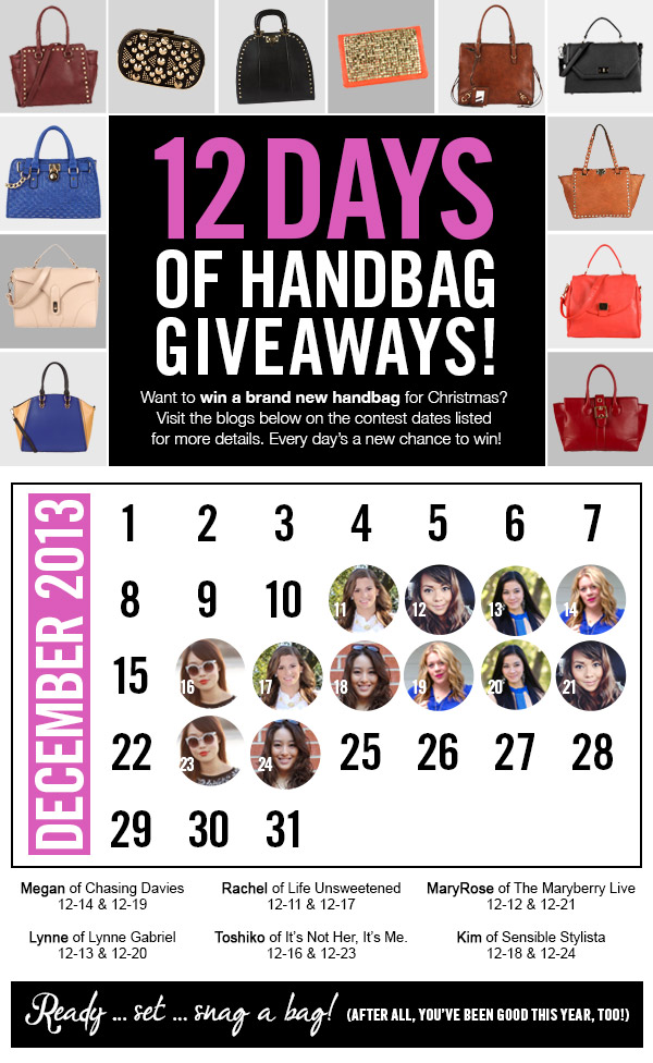 12 Days of Handbag Giveaways! All bags handpicked by style bloggers. Learn how to enter!