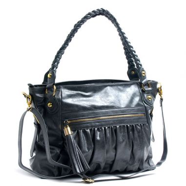Grey Faux Leather Messenger Bag with Pleating