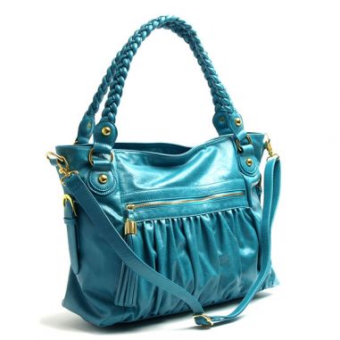 Teal Blue Faux Leather Messenger Bag with Pleating